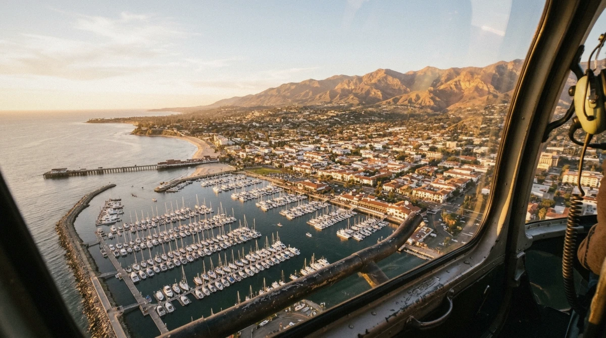 Clear golden-hour light over the Santa Barbara coast on a best time for a santa barbara helicopter tour morning