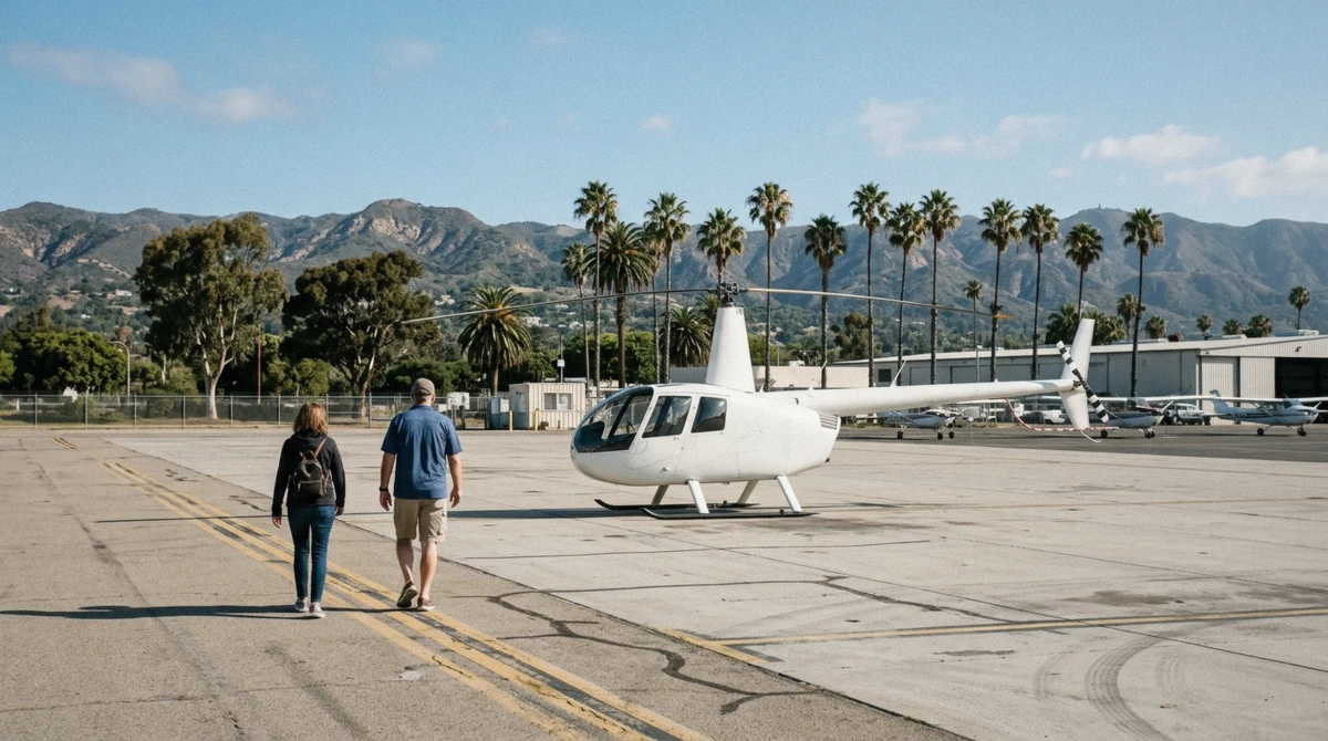 Passengers checking in near the helicopter pad at Santa Barbara Airport ahead of a santa barbara helicopter tour cost comparison