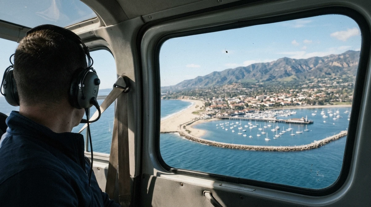 First-time passenger boarding the cabin before a Santa Barbara helicopter ride, seen from behind at the airport