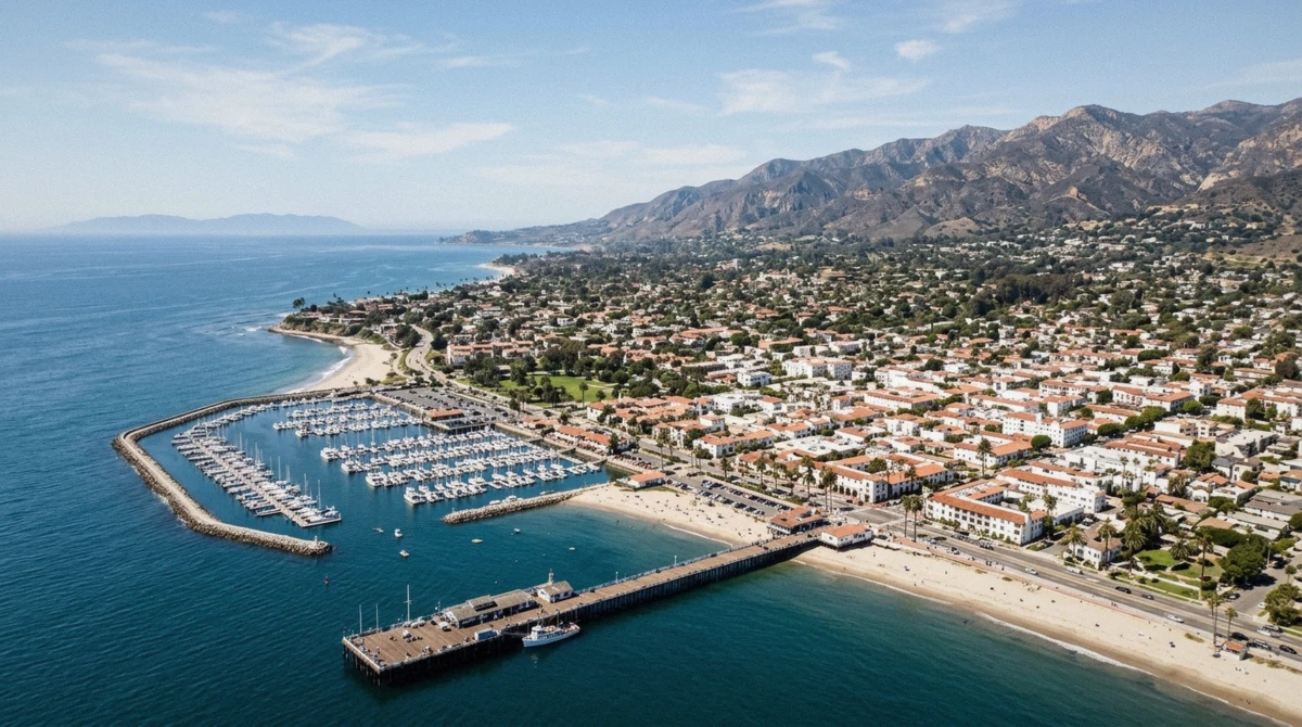 Aerial view of the Santa Barbara coastline and mountains showing what you see on a santa barbara helicopter tour